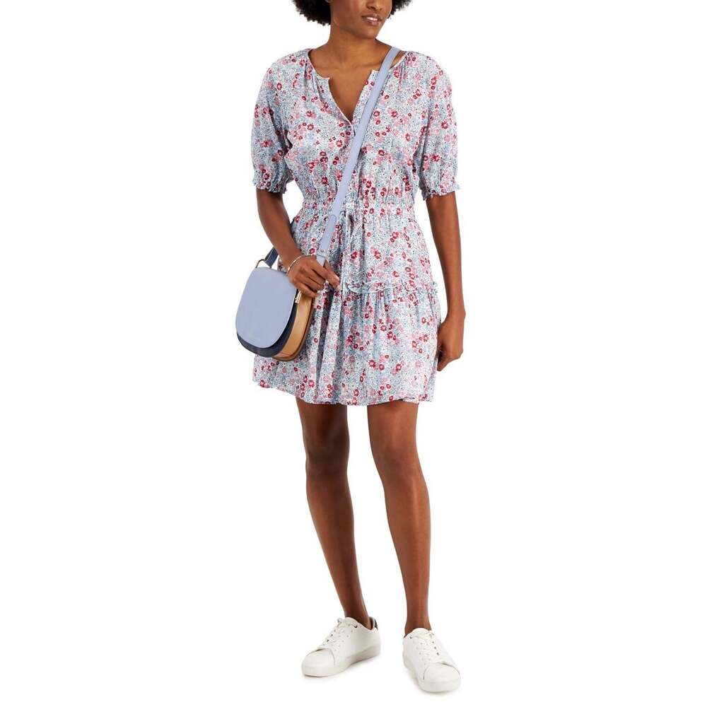 Tommy Hilfiger Women's Floral Print Puffed Sleeve Dress Aqua Multi New Tags
